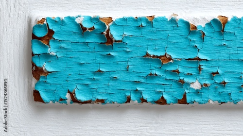 Weathered blue paint peeling on aged wood surface revealing texture and decay background closeup