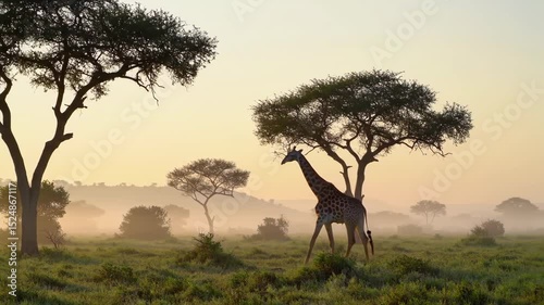 Giraffe and Calf Silhouetted Under Trees in Misty African Savannah Sunrise