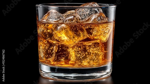 Whiskey on the rocks in a glass against a black background offering a crisp and refreshing drink