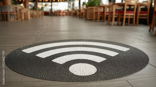 Wifi hotspot sign on restaurant floor indicating internet access for customers and visitors indoors