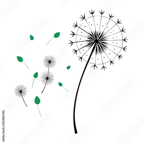 Minimalist Dandelion Illustration with Scattered Seeds and Green Leaves on White Background Vector Art