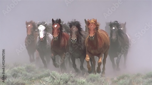 Wild horses galloping through a dusty field in a display of power and freedom in nature