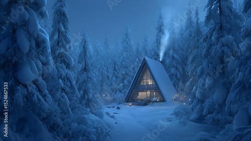 Winter cabin retreat amidst snow covered trees a cozy A-frame house in a serene landscape