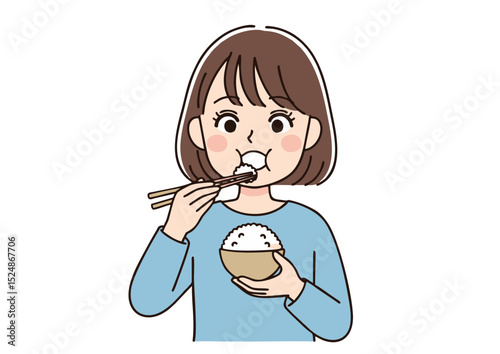 Happy Young Woman Enjoying a Delicious Bowl of Rice with Chopsticks A Simple Illustration