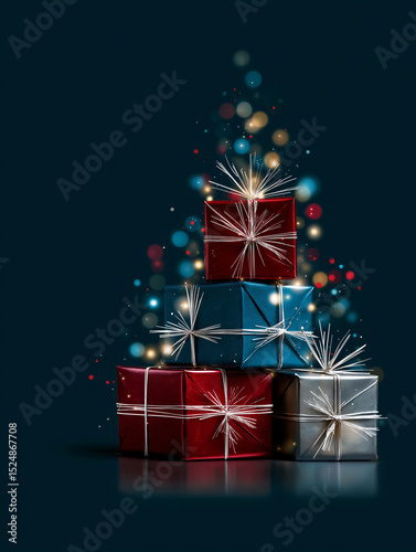 A collection of wrapped holiday presents stacked in a triangular Christmas tree formation. Vertical Image.