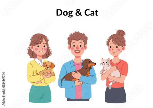 Adorable Illustration of a Happy Couple with Their Beloved Dog and Cat A Charming Pet Ownership Scene