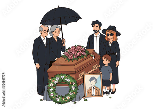 Heartfelt Farewell Family Mourns the Loss of a Loved One, Illustrated Remembrance
