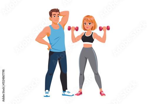 Fitness Couple Man and Woman Exercising with Dumbbells, Healthy Lifestyle, Weight Training, Strength Building