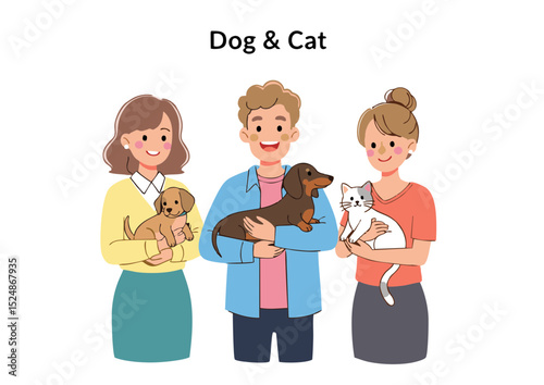 Adorable Illustration Happy People with Their Beloved Dogs and Cats