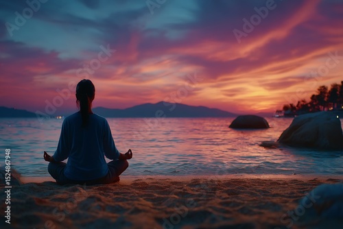 Woman meditating on a serene beach at sunset with colorful sky and calm sea in background