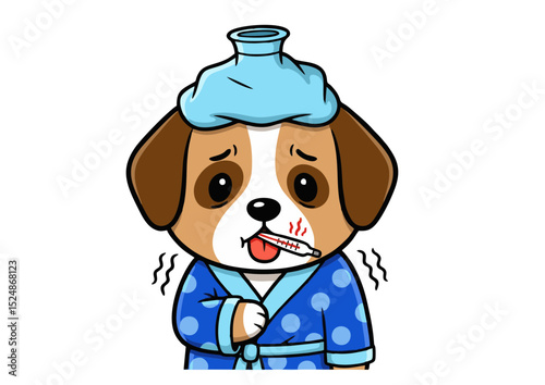 Adorable Sick Puppy Cartoon Illustration Feeling Under the Weather, Cute Dog with Ice Pack and Thermometer