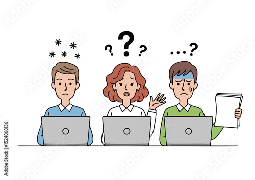 Overwhelmed Team  Struggling with Project Deadlines, Problem Solving, and Finding Solutions.  Illustration depicting teamwork challenges and stress.