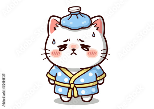 Adorable Sick Kitten Wearing Bathrobe and Ice Pack Cute Cartoon Illustration