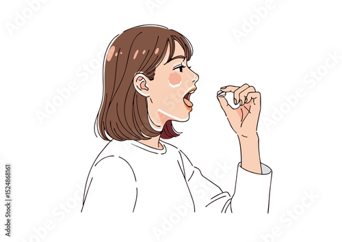 Woman Taking Medicine Illustration of Healthcare, Wellness, and Pill Consumption