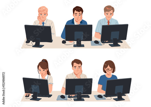 Tired Office Workers A Collection of Illustrations Depicting Exhausted Employees Working on Computers