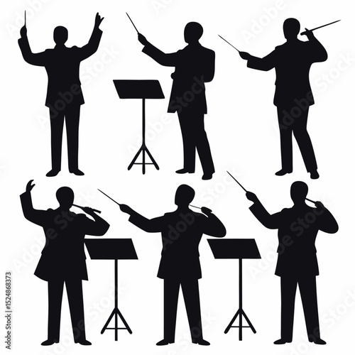 Orchestra Conductors Black Silhouettes Directing with Batons and Stands, Ensemble Leadership