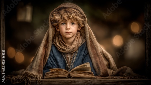 Young boy engrossed in reading a vintage book while wrapped in a cozy scarf and warm lighting