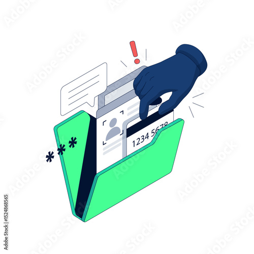 Data Leak.  The Hand Steals Personal Data from a Folder. Sensitive data breach with stolen ID and credit card information. Isometric vector illustration