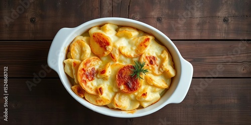 Overhead shot of creamy potato gratin in a white baking dish on rustic wood,  wooden background,   texture