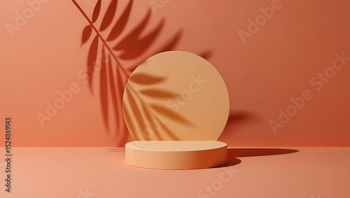 Minimalist Peach Studio Product Display with Palm Leaf Shadow Elegant 3D Render for Branding and Marketing