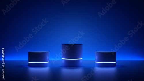Glowing Blue Cylindrical Podiums Abstract 3D Render of Illuminated Display Stands for Product Showcase or Award Ceremony