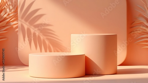 Peachy Minimalist Product Display Podium with Palm Leaf Shadows 3D Render for Creative Branding and Marketing
