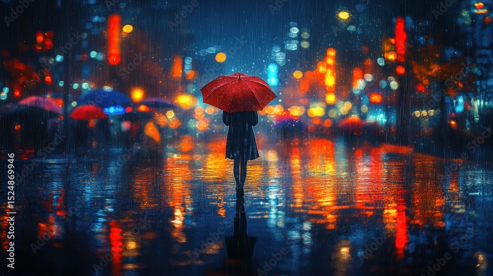 Fototapeta premium Rainy city night scene with umbrella