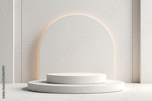 Elegant White Minimalist Product Display Platform with Subtle Golden Arch Lighting Perfect for Showcase and Presentation