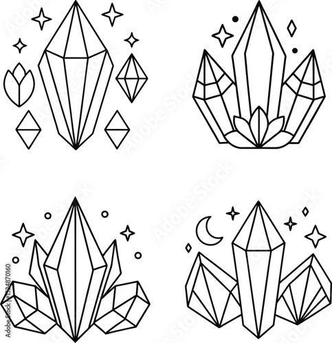 Crystals and chakra symbols line art illustration set