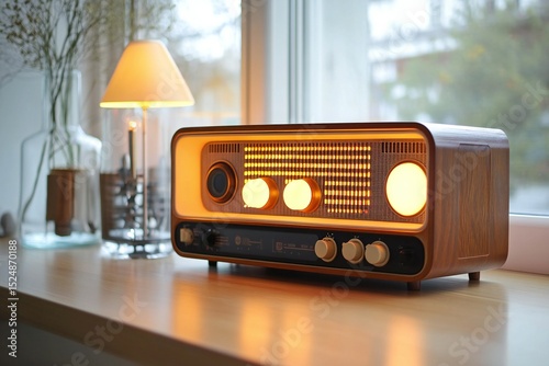 A classic 1970s-style vintage radio with prominent large dials and a traditional design. It’s bathed in warm light and functions as a nostalgic music player.,  created by ai photo