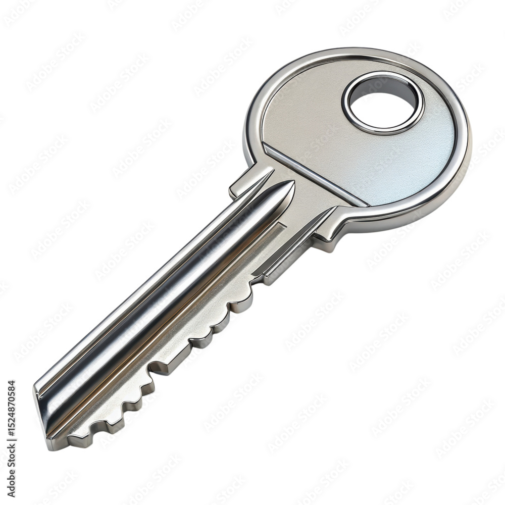 Silver key with round head and jagged teeth, isolated on transparency background, symbolizing security or access, with shiny metallic finish and modern design Silver key with round head and jagged teeth, isolated on transparency background, symbolizing security or access, with shiny metallic finish and modern design