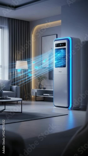 Modern tower air conditioner with blue light in a living room, purification system and cooling technology footage.