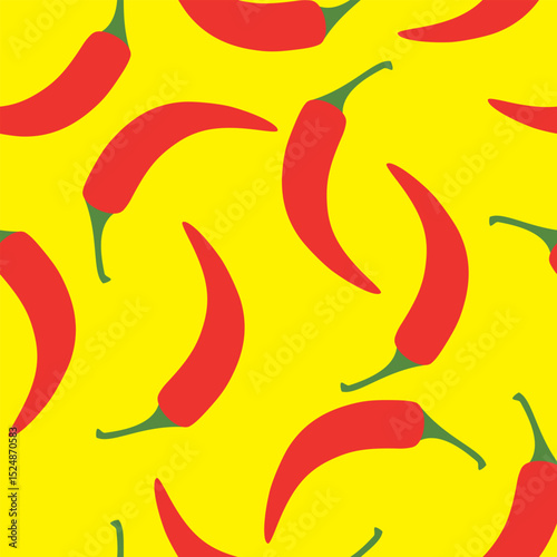 Seamless pattern with red chili pepper vector illustration on yelow background for kitchen textile.