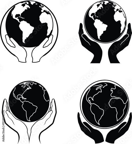 Earth in human hands silhouette illustration set.