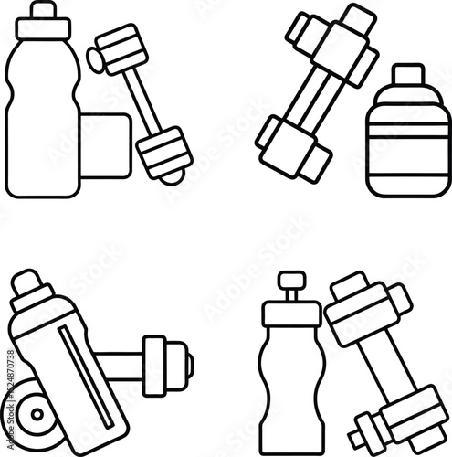 Fitness lifestyle icons dumbbells water bottle line art illustration
