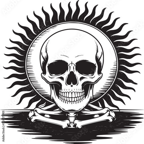 A skull with a sun behind it and bones over water in a vintage tattoo style illustration art