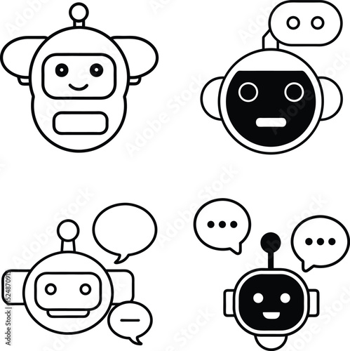 Chatbot head with chat bubbles silhouette illustration set