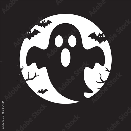 A spooky halloween scene with a ghost, bats, trees, and a full moon in a dark and eerie setting