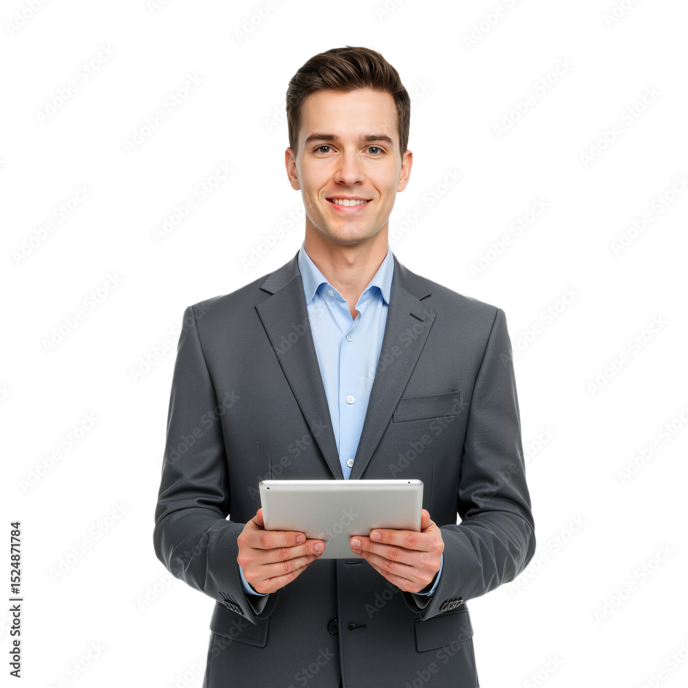 Tech-Savvy Professional in Gray Suit Holding Tablet, Smiling Against White Background. Tech-Savvy Professional in Gray Suit Holding Tablet, Smiling Against White Background.