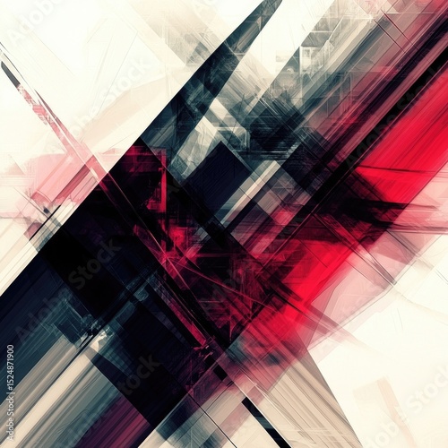 Abstract artwork featuring intersecting diagonal lines in shades of red, black, and white, creating a dynamic and energetic composition