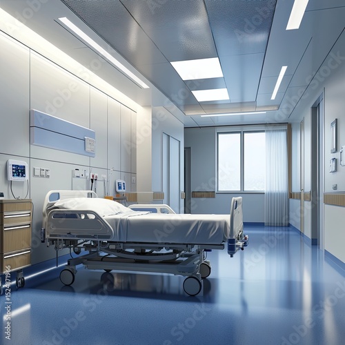 Sterile hospital corridor with a single unoccupied bed, bright lighting, and smooth flooring