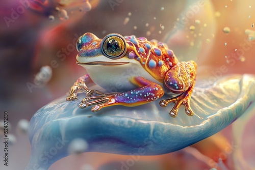 A whimsical 3D cartoon frog featuring radiant rainbow skin and reflective metallic patches, seated on a buoyant jelly-like platform drifting through an abstract dreamscape ,  created by ai