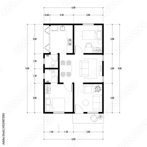 Black and White floor plan of a modern unfurnished house for your design. Suburban house vector blueprint. Architectural background.