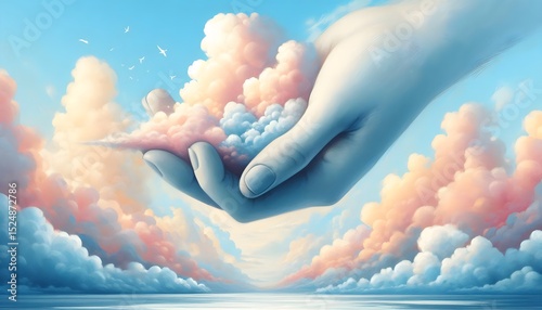 Surreal pastel illustration of a giant human hand gently cradling fluffy clouds against soft dreamy blue sky
