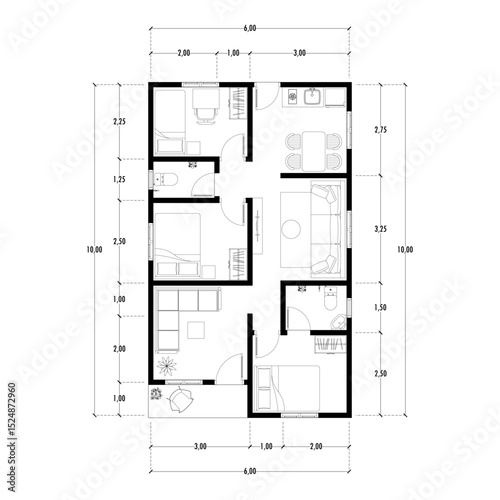 Black and White floor plan of a modern unfurnished house for your design. Suburban house vector blueprint. Architectural background.