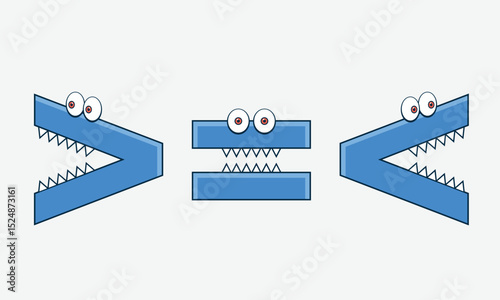 Funny Alligator Math Symbols Vector Illustration Greater Than Less Than or Equal To Sign Educational Cartoon Design