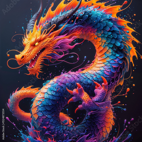 A dragon illustrated with inky splashes, curling around itself, with each scale a different gradient of fluid color