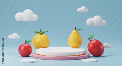 3D Fruit Scene with Pastel Clouds and Podium on Pink Background