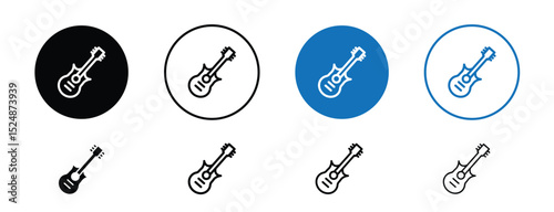 Set of 5 pixel perfect colored Guitar icon with 1 unexpanded, 1 silhouette, Acoustic guitar with visible strings and sound hole.