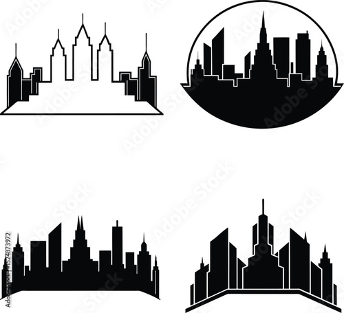 Cyberpunk city skyline silhouette set